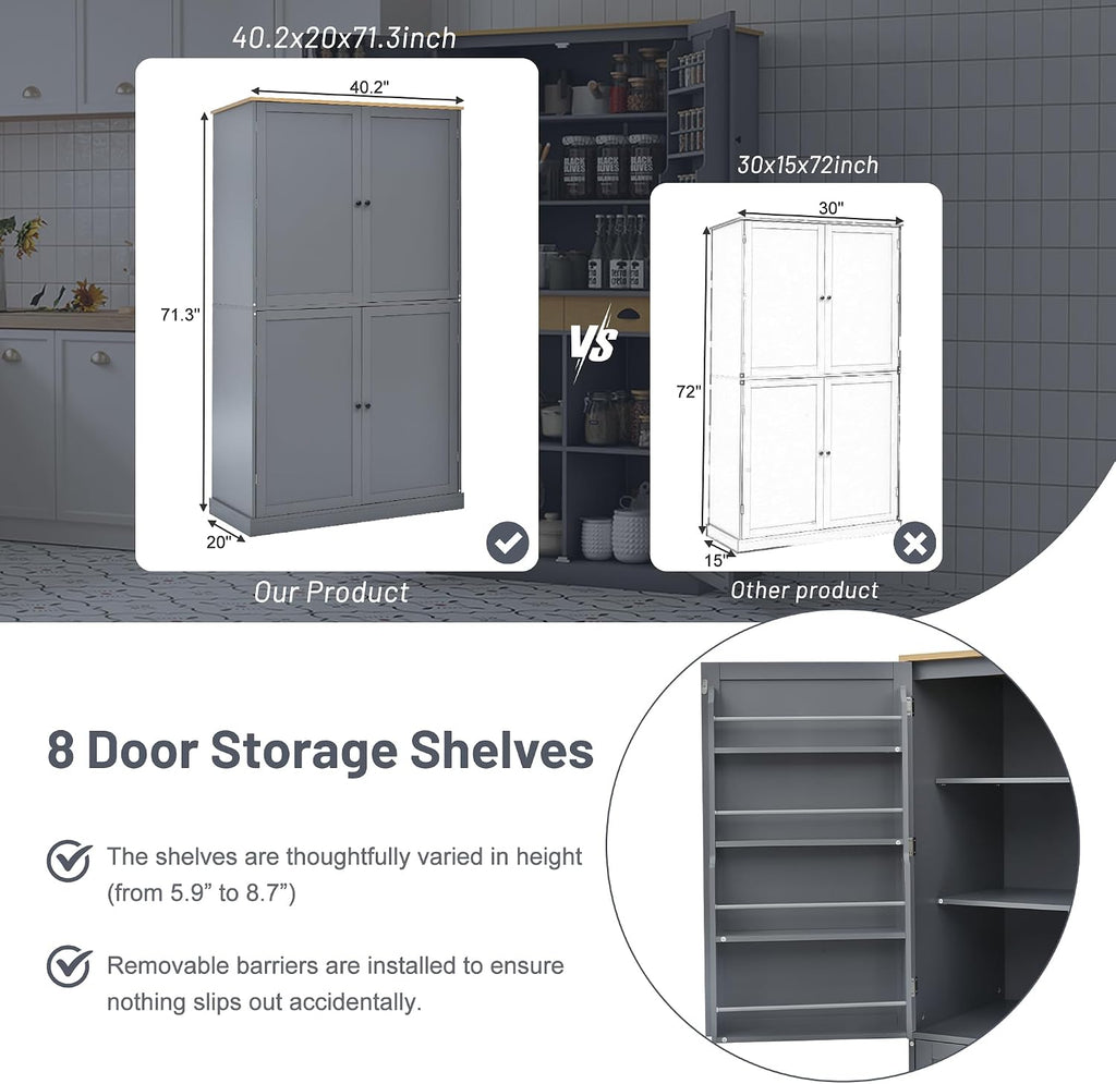 71.3inch Farmhouse Kitchen Pantry, Freestanding Large Cupboard Storage Cabinet with 2 Drawers and 2 Adjustable Shelves, Wood Storage Cabinet with 8 Door Shelves for Kitchen, Dining Room (Gray-2)