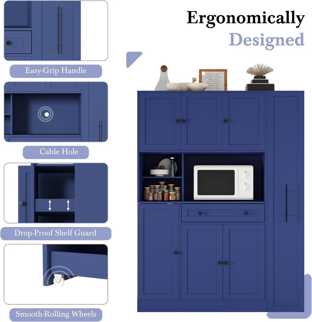Modern 70inch Kitchen Pantry Storage Cabinet Cupboard with Hutch, Freestanding Buffet with Pull-Out Side Cabinet and Drawer for Living Room, Kitchen