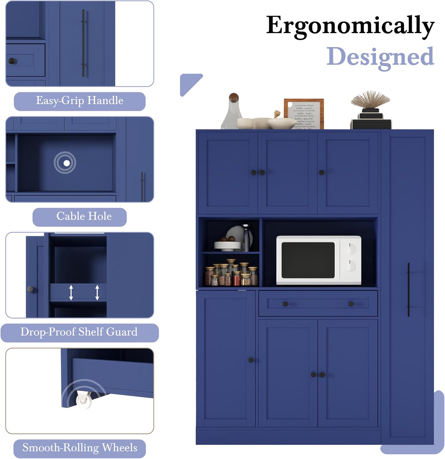 Modern 70inch Kitchen Pantry Storage Cabinet Cupboard with Hutch, Freestanding Buffet with Pull-Out Side Cabinet and Drawer for Living Room, Kitchen