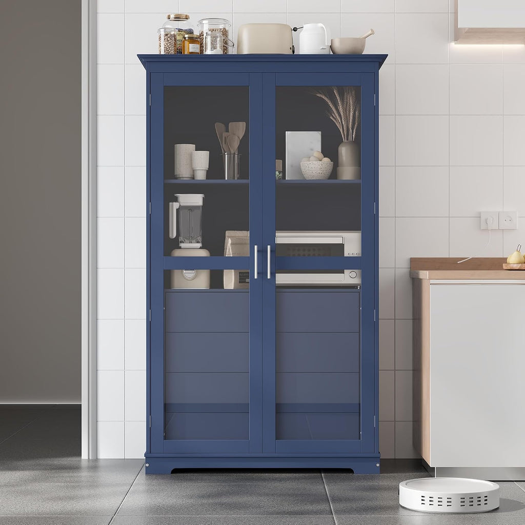 Modern 75inch Kitchen Pantry, Freestanding Kitchen Storage Cabinet Display Cabinet with Glass Doors and 4 Built-in Drawers for Living Room, Home Office (Blue-30r)