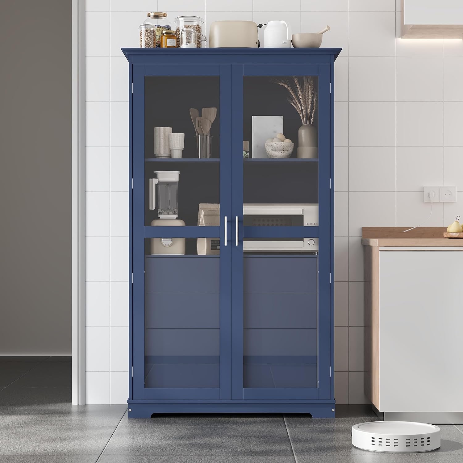 Modern 75inch Kitchen Pantry, Freestanding Kitchen Storage Cabinet Display Cabinet with Glass Doors and 4 Built-in Drawers for Living Room, Home Office (Blue-30r)