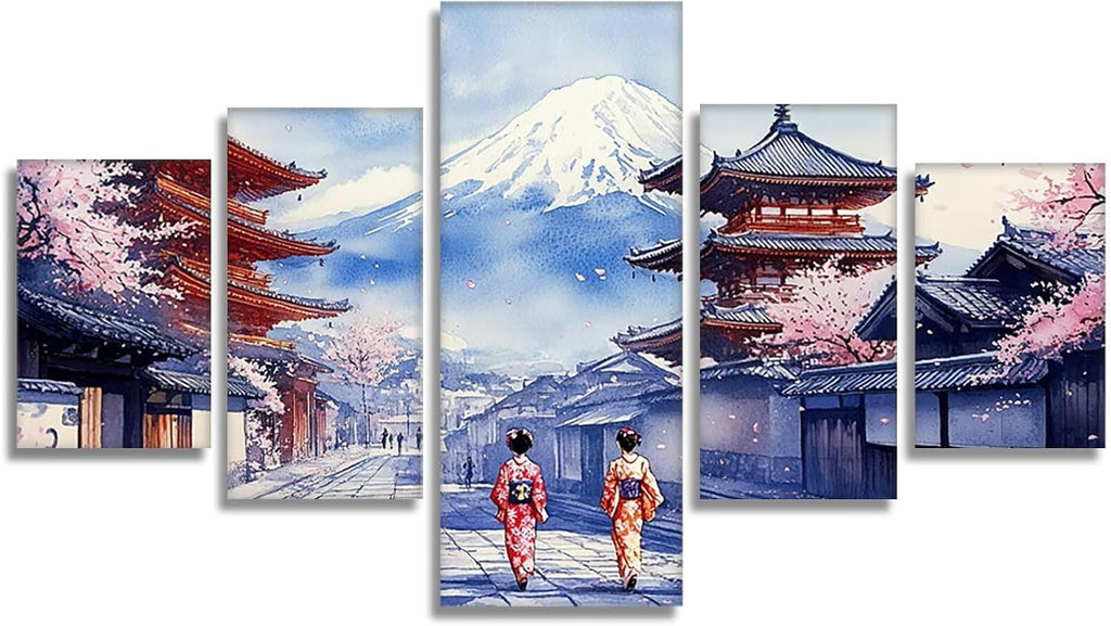 Japan Diamond Art 5 Piece Diamond Painting Landscape 5D DIY Full Square Drill Dimond Art Paintings Crystal Crafts for Adults Gem Painting for Home Decor, Large Artwork for Wall 36 x 70 Inch, Model150