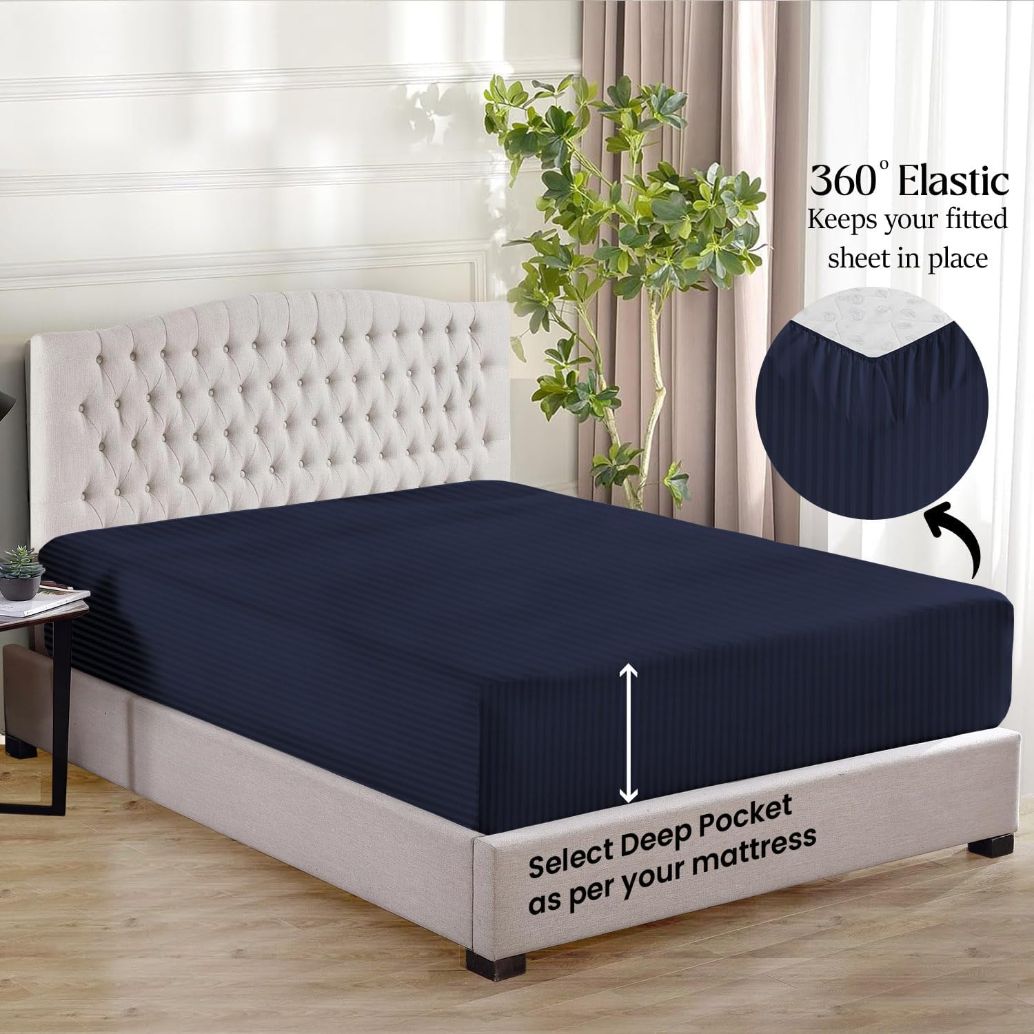 1000 Series- Extra Long Staple 100% Egyptian Cotton Sheet Set,Sateen Weave, Hotel Quality Soft Luxury Bedding, Queen Size 4 Piece Sheet Set Fit 15' Inch to 18' Deep Stripe Navy Blue