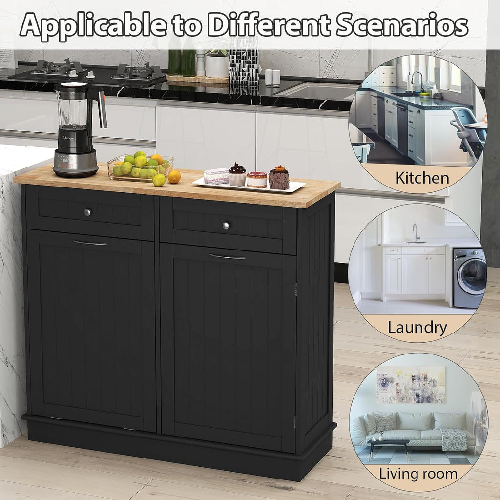 POWERSTONE Hidden Tilt Out Trash Cabinet Kitchen Island with 2 Drawers & Adjustable Shelf, Rubber Wood Countertop, Freestanding Laundry Hamper Recycle Bins, Pet Proof Garbage Can Holder Black