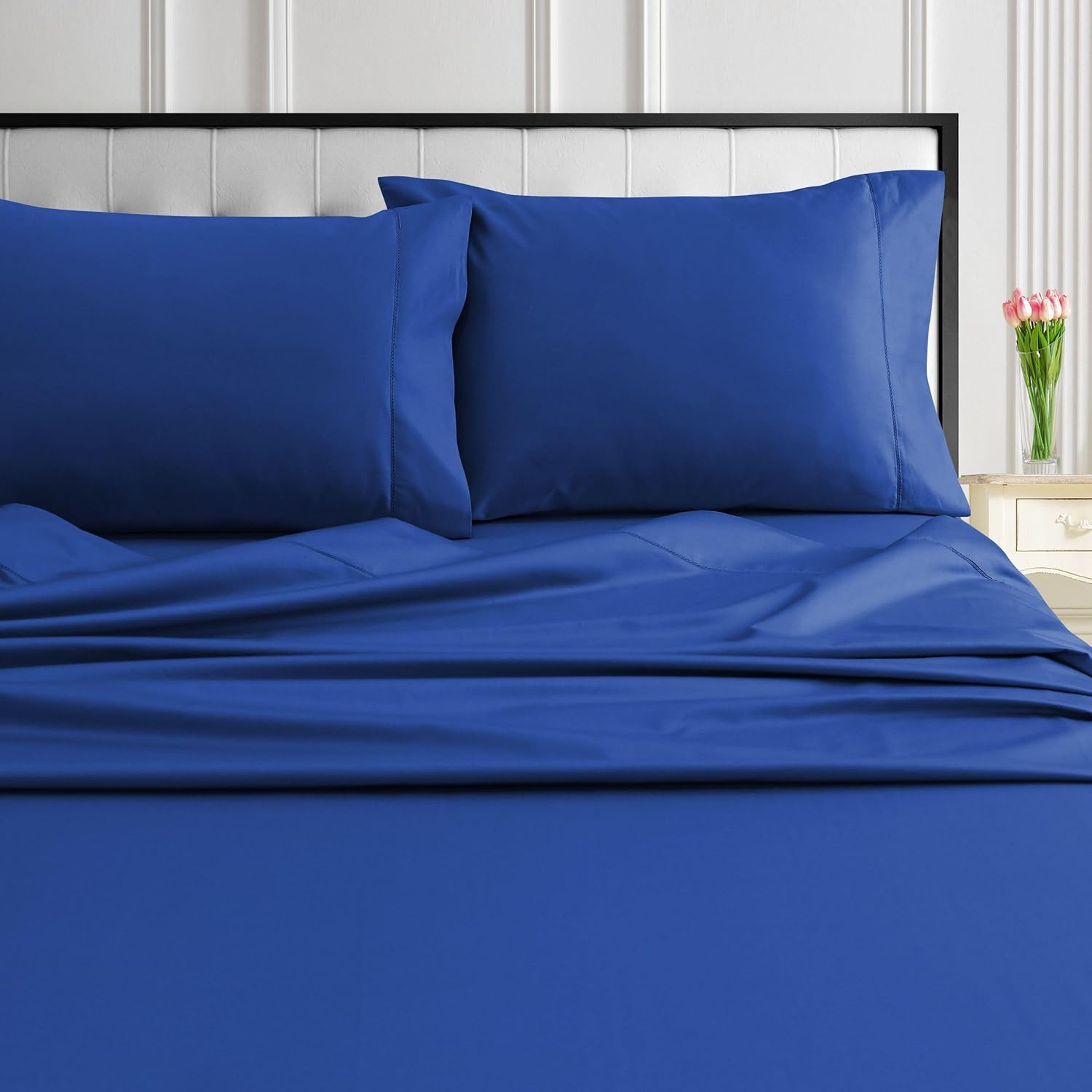 Tribeca Living 1000 Thread Count Egyptian Cotton Sheets Queen Size - Silky Smooth Sateen Weave for Luxurious Sleep - 22 Inch Deep Pocket 4-Piece Set in Classic Blue