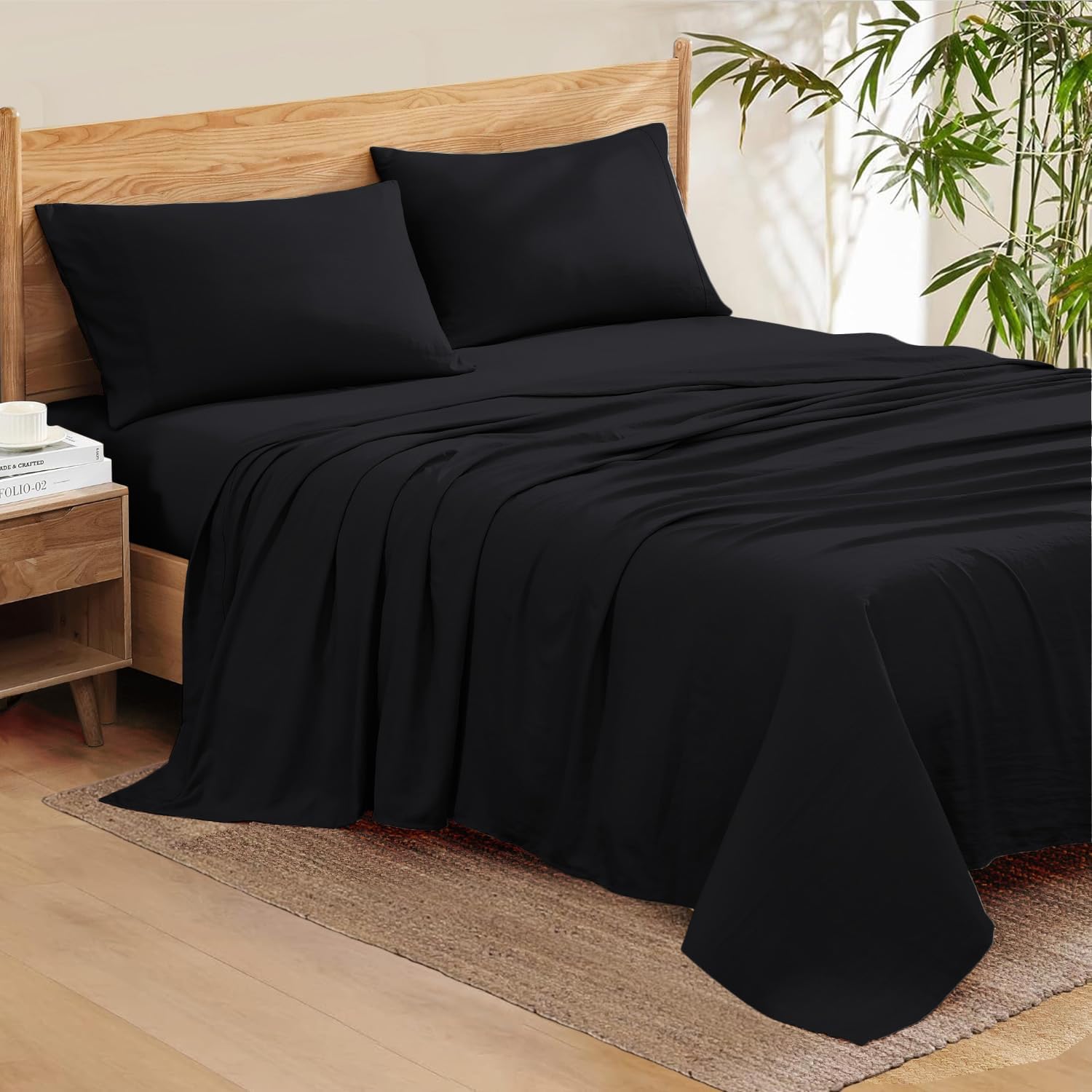 1000 Series- Extra Long Staple 100% Egyptian Cotton Sheet Set,Sateen Weave, Hotel Quality Soft Luxury Bedding, Queen Size 4 Piece Sheet Set Fit 15' Inch to 18' Deep Black Solid.