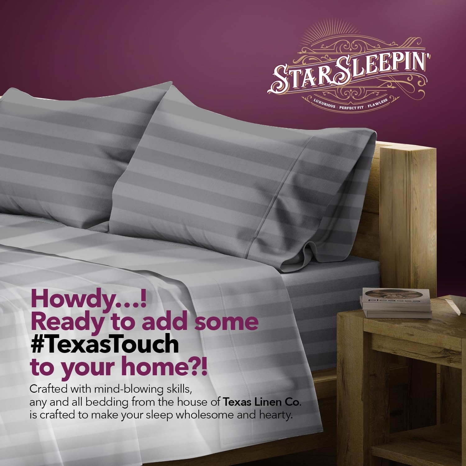 TEXAS LINEN CO. 100% Egyptian Cotton Queen Sheets Set - Luxury 1200 Series Star Sleepin' Damask Egyptian Cotton Sheets Queen Size (4 PC, Dark Grey Stripe), 17' Deep Pocket, Cooling Hotel Bedding Set