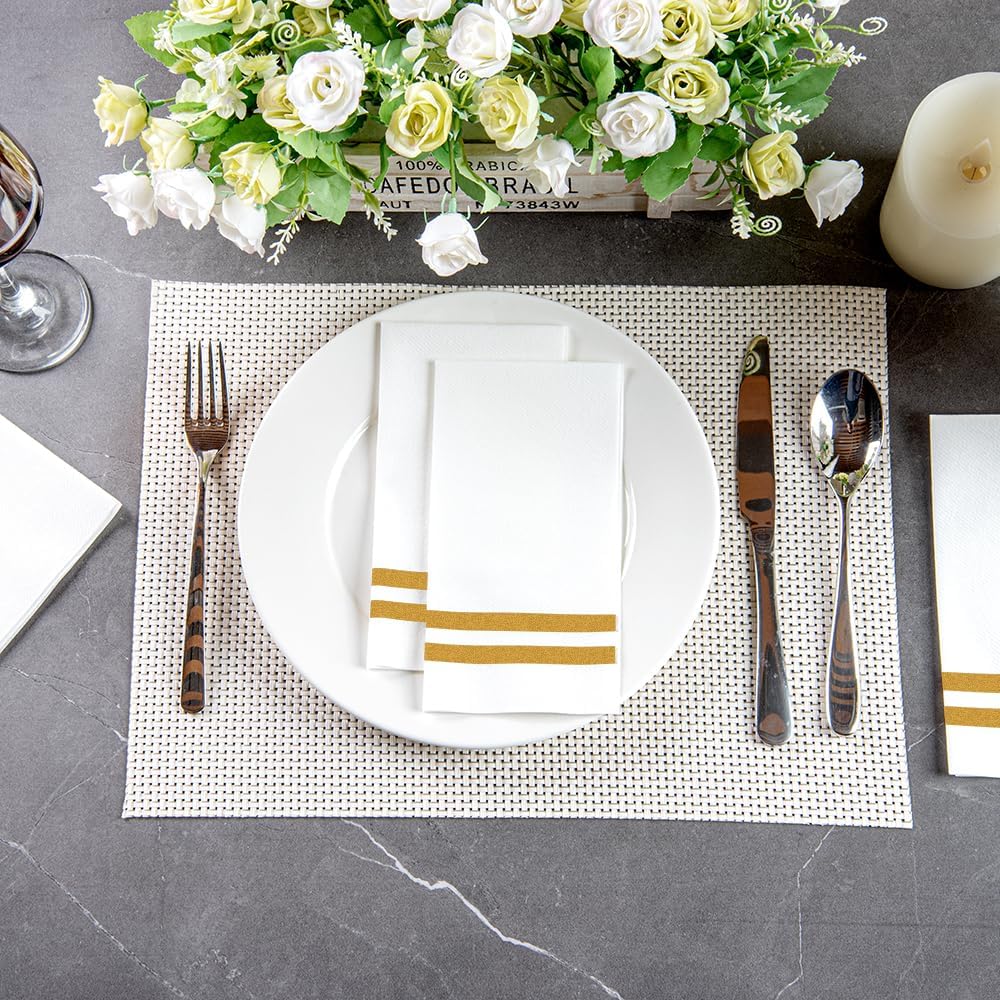 Luxenap 15.8 X 7.9 Inch Linen-Feel Guest Towels, 2000 Gold Striped Hand Towels - ¼ Fold, airlaid, White Paper Dinner Napkins, Disposable, For Restrooms, Kitchens, And Tables - Restaurantware