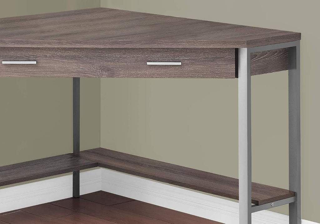Pemberly Row Corner Computer Desk, 42' L x 42' D x 30' H, Taupe Wood Look Finish, Silver Metal Frame, Drawer and Bottom Shelf, Space-Saving Design for Home Office or Workstation Use