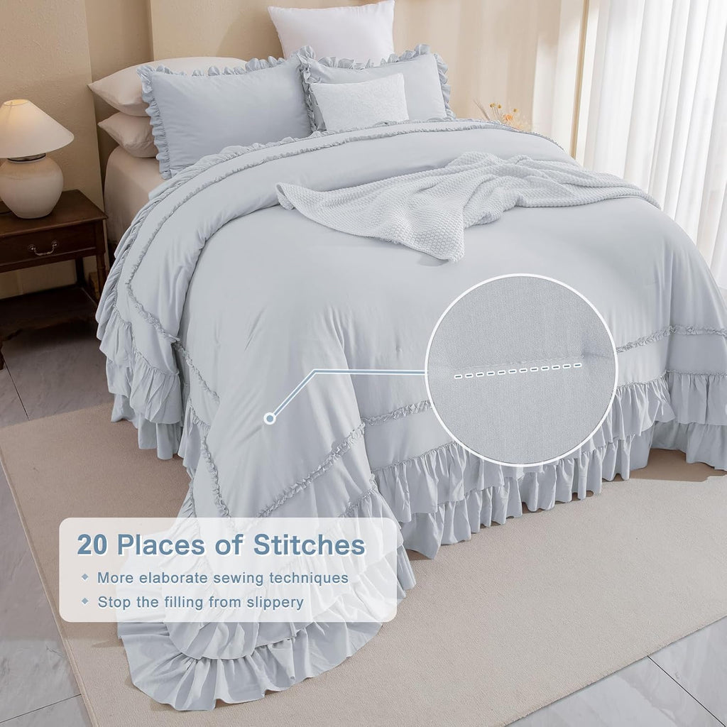 Masaca Oversized King Comforter 120x120,3 Pieces Farmhouse Ruffle Bedding Comforter,Light Blue Oversized Shabby Boho Chic Cal King Ruffled Bed Comforter Lightweight and Soft