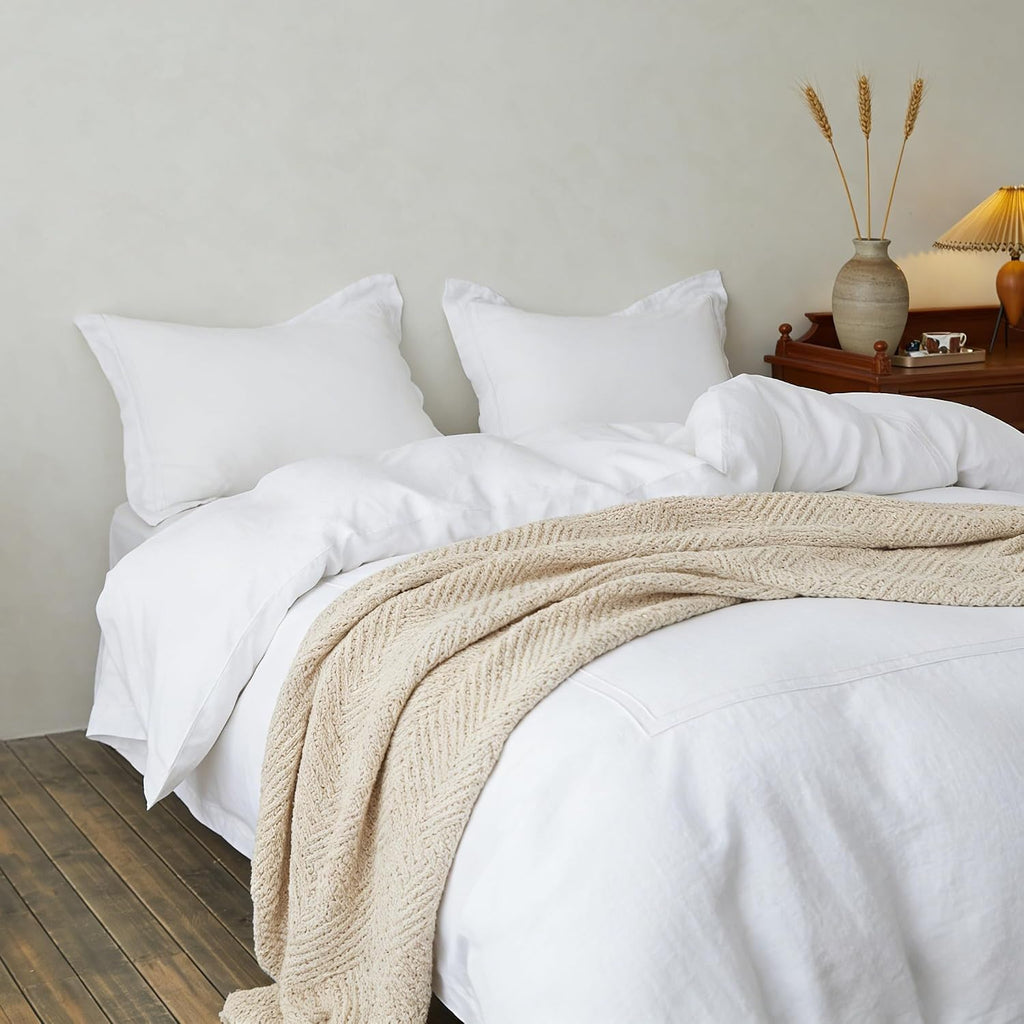 Simple&Opulence 100% Washed Linen Duvet Cover Set 88'x92' - 3 Pieces Soft Farmhouse Comforter Cover Set Double Embroidered with Button Closure - 1 Duvet Cover and 2 Pillowshams (White, Queen)