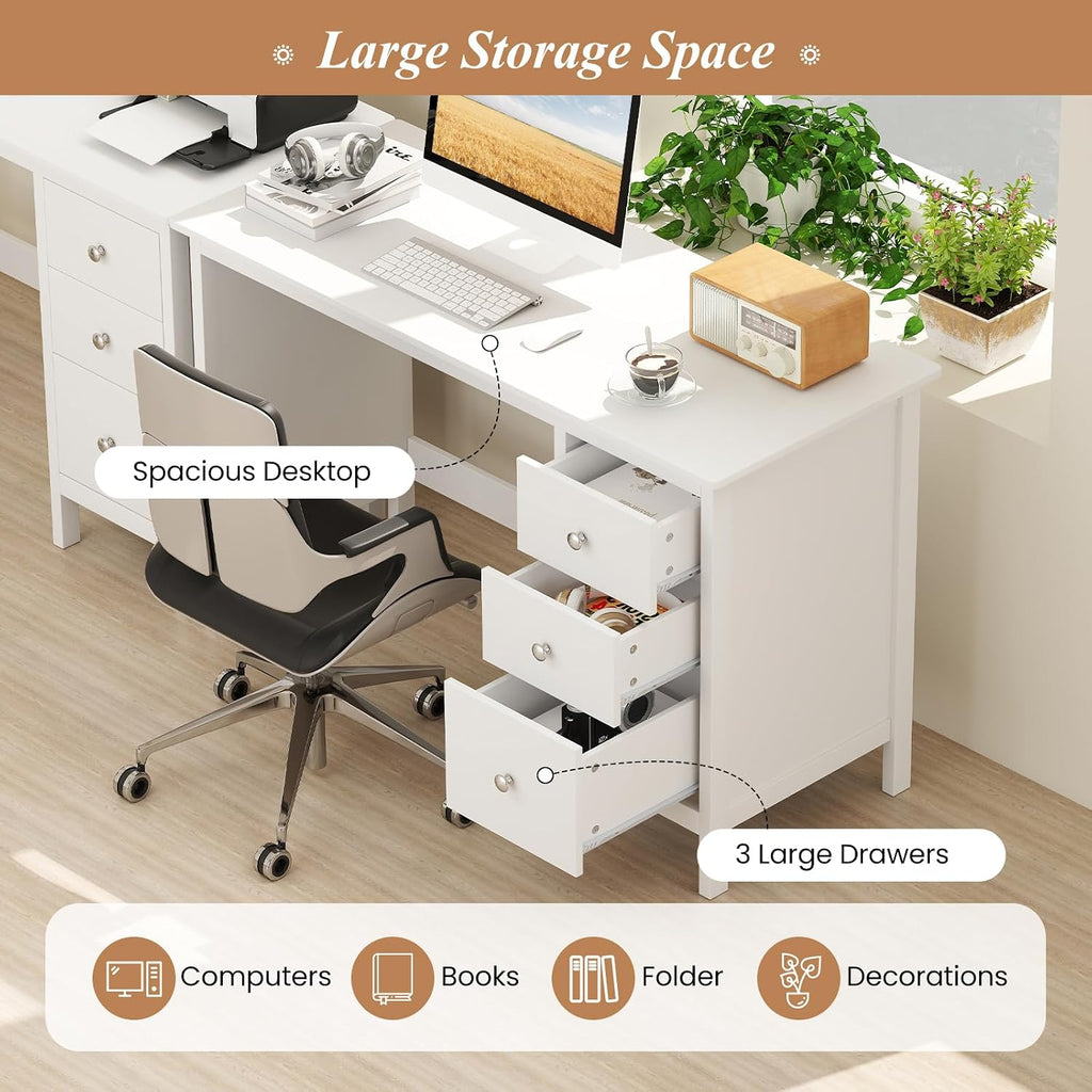 Giantex White Desk with Drawers, 48 Inch Home Office Desk with Anti-Toppling Device, Multifunctional Computer Workstation, Wood Study Writing Desk for Small Spaces, Bedroom