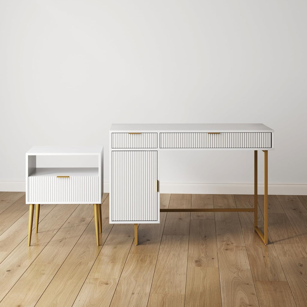 Nathan James Jacklyn White Modern Computer Desk, Workstation or Writing Desk for Small Spaces with Drawers and Cabinet Storage, White/Pale Gold