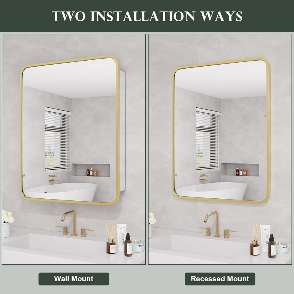 WallBeyond Bathroom Medicine Cabinet with Mirror, 22x28 Inch Gold Recessed Medicine Cabinet with Round Corner Aluminum Alloy Metal Framed, Single Door Cabinet Medicine with Storage