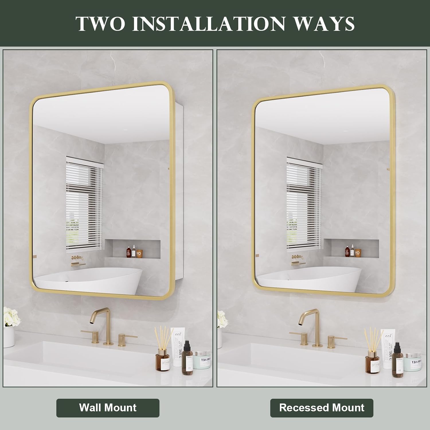 WallBeyond Bathroom Medicine Cabinet with Mirror, 22x28 Inch Gold Recessed Medicine Cabinet with Round Corner Aluminum Alloy Metal Framed, Single Door Cabinet Medicine with Storage