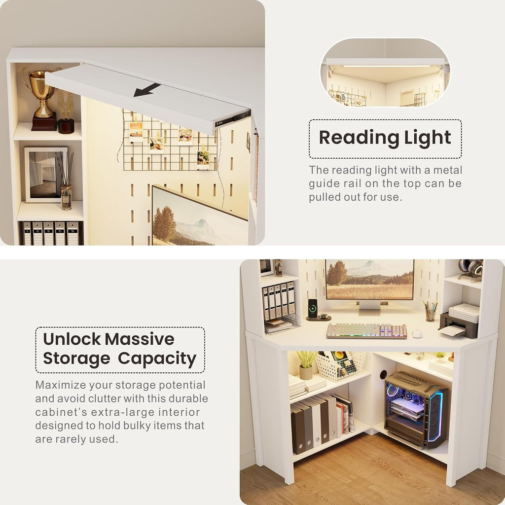 Corner Desk with - LED Reading Light, L-Shaped Computer Desk w/Hutch & Shelves, Home Office Desk w/Charging Station for Work & Study, File Cabinet Storage Bookshelf for Small Space (White)