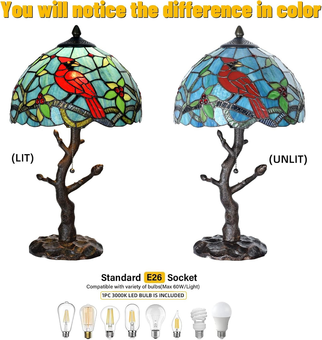 TL0035 Tiffany Style Stained Glass Table Lamp, Cardinal Bird Desk Lamp with Branch Base, W 12' x OH 21', Great for Home Decor & Night Lighting, LED Bulb Included (Red Cardinal)