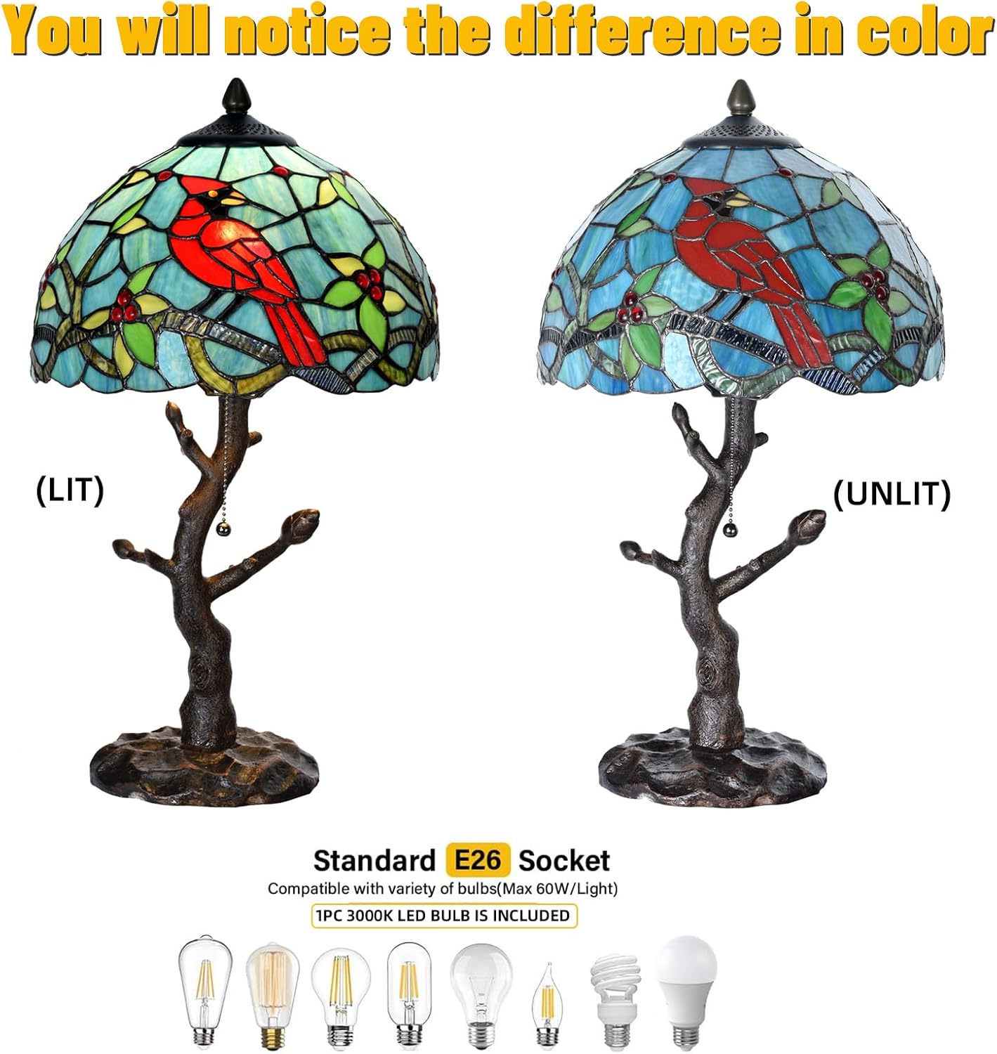 TL0035 Tiffany Style Stained Glass Table Lamp, Cardinal Bird Desk Lamp with Branch Base, W 12' x OH 21', Great for Home Decor & Night Lighting, LED Bulb Included (Red Cardinal)