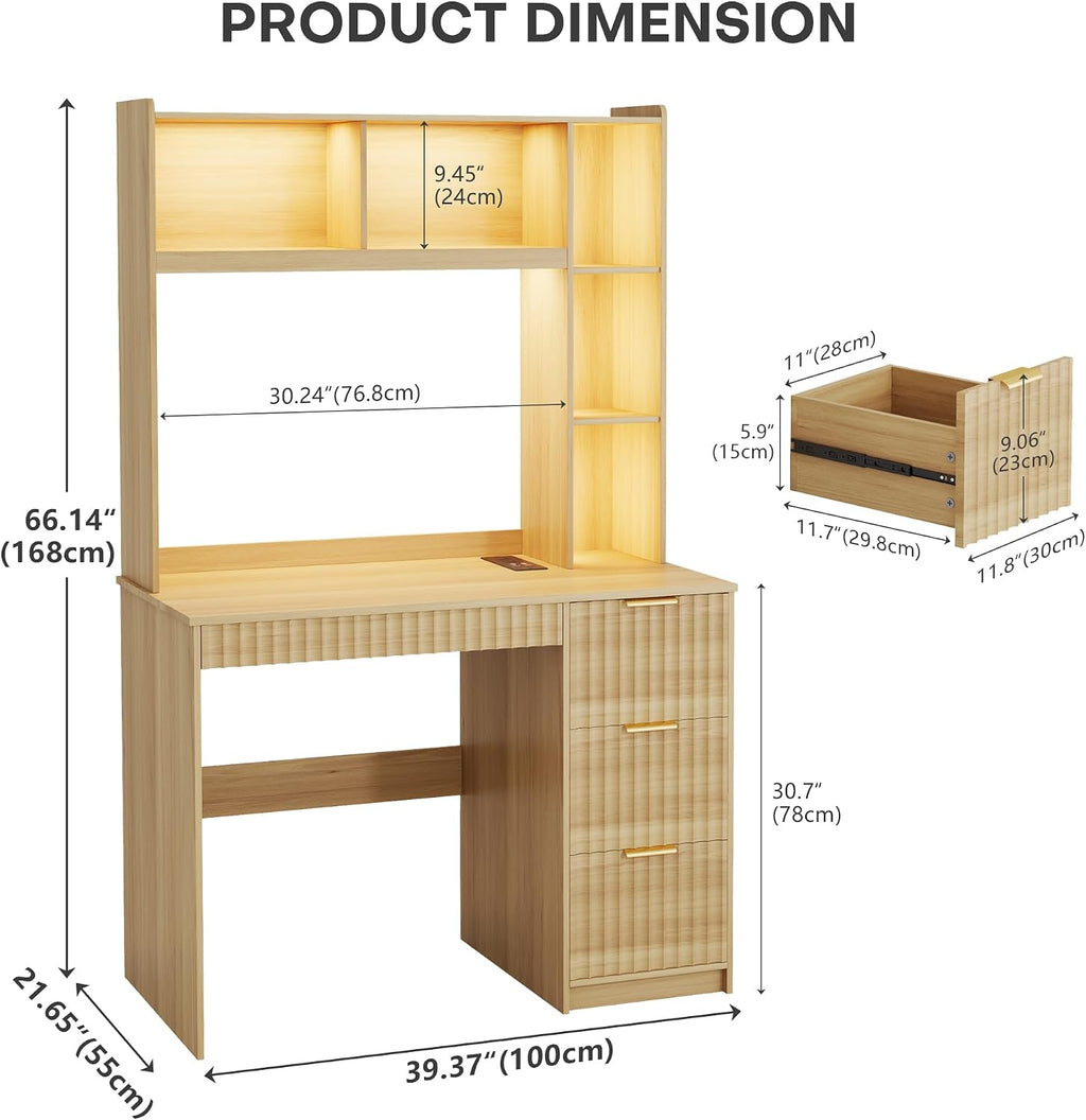 40' W Fluted Study Desk with Hutch and Storage Cabinet, Computer Desk with Power Outlet & LED Lights, Home Office Desk with Card-Based Lock for Study, Bedroom, Living Room, Natural Oak