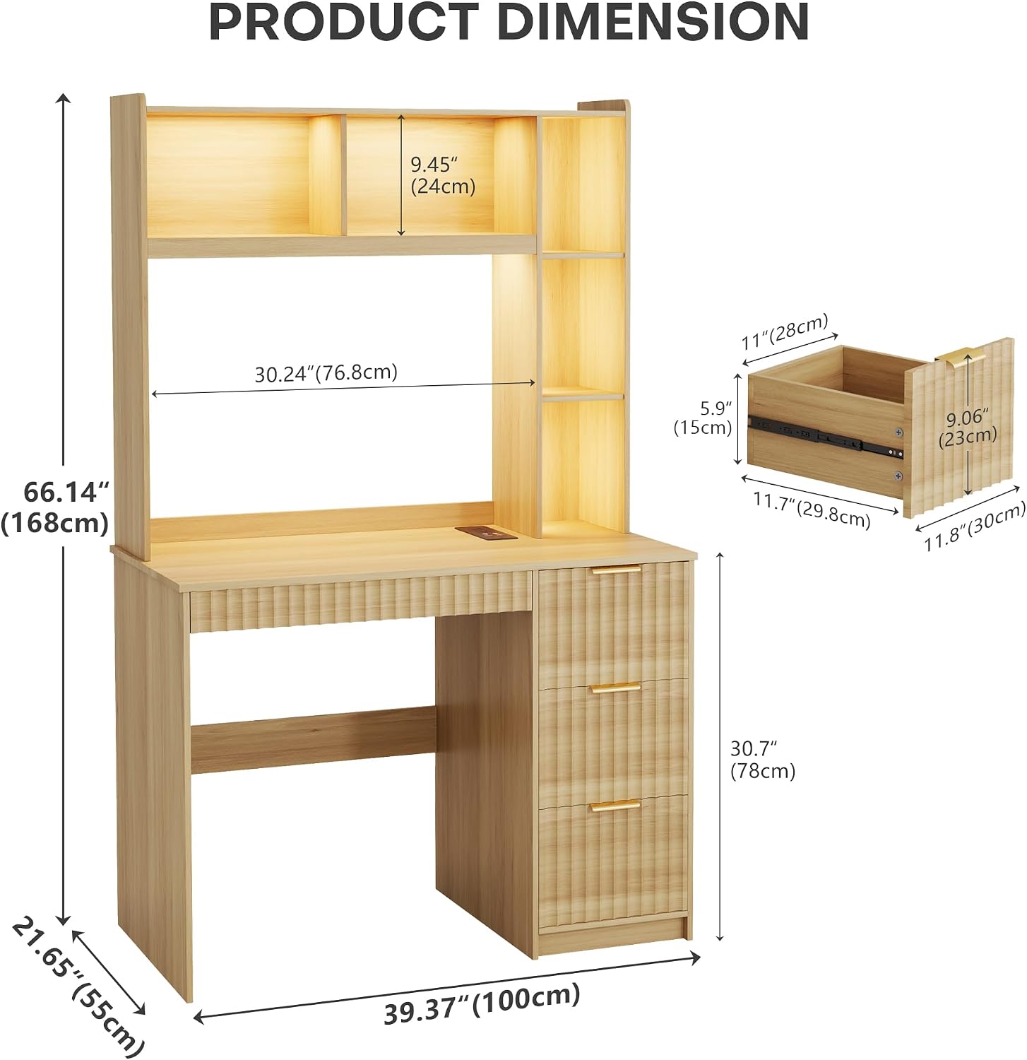 40' W Fluted Study Desk with Hutch and Storage Cabinet, Computer Desk with Power Outlet & LED Lights, Home Office Desk with Card-Based Lock for Study, Bedroom, Living Room, Natural Oak