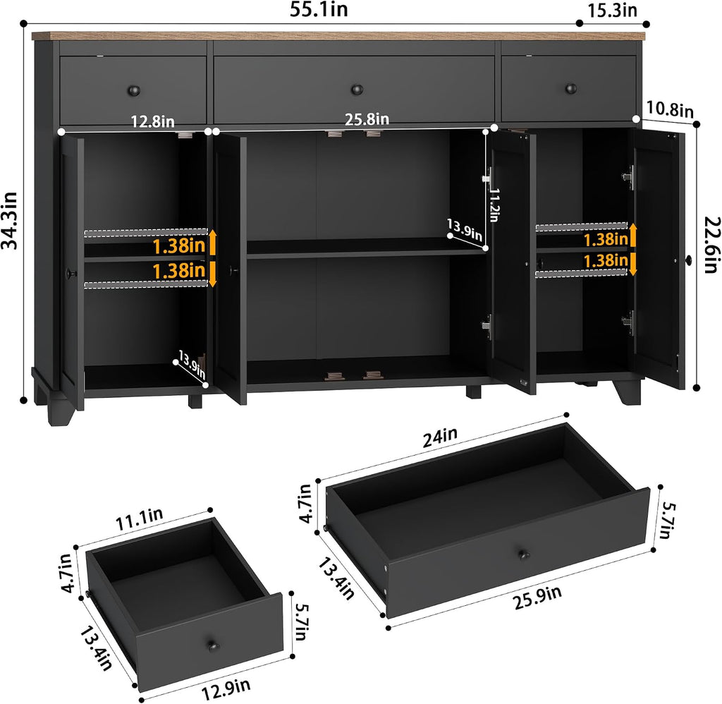 HIFIT 55' Large Kitchen Buffet Cabinet with Storage Drawers, Farmhouse Sideboard Buffet Table Storage Cabinet with Doors and Shelves, Wood Coffee Bar Cabinet for Kitchen Dining Living Room, Black