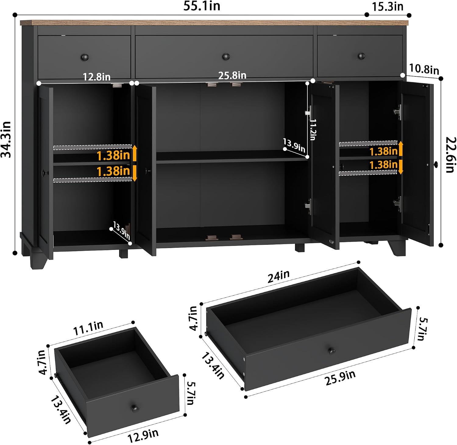 HIFIT 55' Large Kitchen Buffet Cabinet with Storage Drawers, Farmhouse Sideboard Buffet Table Storage Cabinet with Doors and Shelves, Wood Coffee Bar Cabinet for Kitchen Dining Living Room, Black
