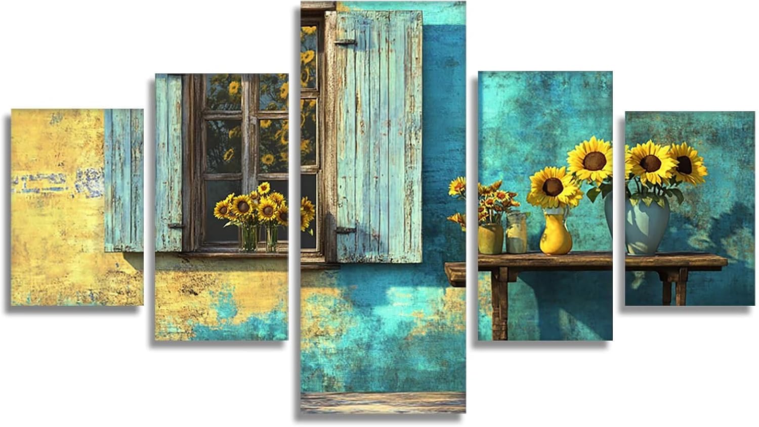 Retro Diamond Art 5 Piece Diamond Painting Sunflower 5D DIY Full Square Drill Dimond Art Paintings Crystal Crafts for Adults Gem Painting for Home Decor, Large Artwork for Wall 44 x 90 Inch, Model342