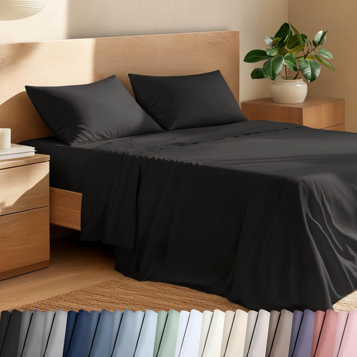 Bare Home 100% Organic Cotton Split Head Flex King Sheet Set - Crisp Percale Weave - Lightweight & Breathable - Bedding Sheets & Pillowcases (Split Head Flex King, Black)