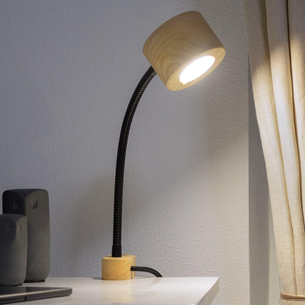 Wooden Bedside Clamp Light - Vintage Wood Led Table Lamp for Reading. Unique Modern Desk Clip Light for Bedroom, Living Room, Office. Mid-Century Scandinavian Design.