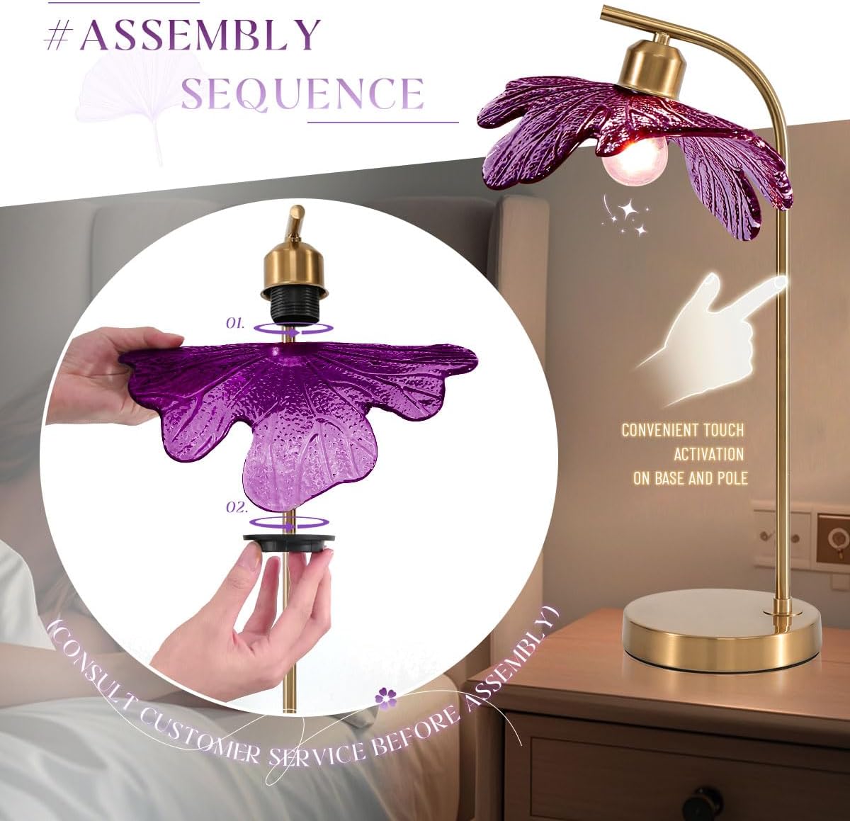 Touch Control Table Lamp, Mid Century Modern Gold Nightstand Lamp, 18.9-inch Vintage Purple Glass Table Light for Bedroom, Living Room, Farmhouse End Table, Set of 2