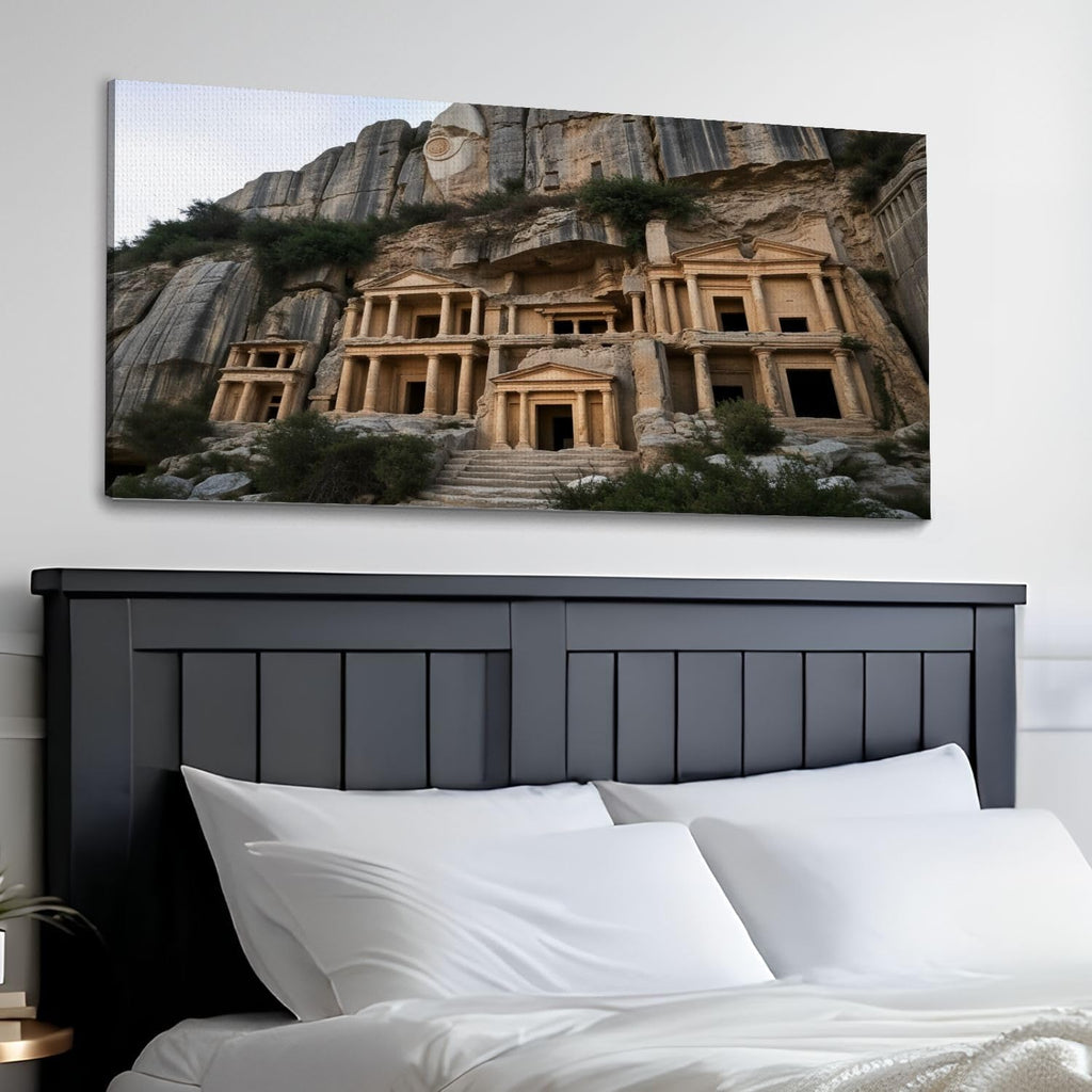 30'x 60' Canvas Wall Art Ancient Rock Carved Tombs Classic Architectural Style Framed Pictures Painting Prints Large Wall Art for Living Room Bedroom Abstract Home Wall Decor Artwork