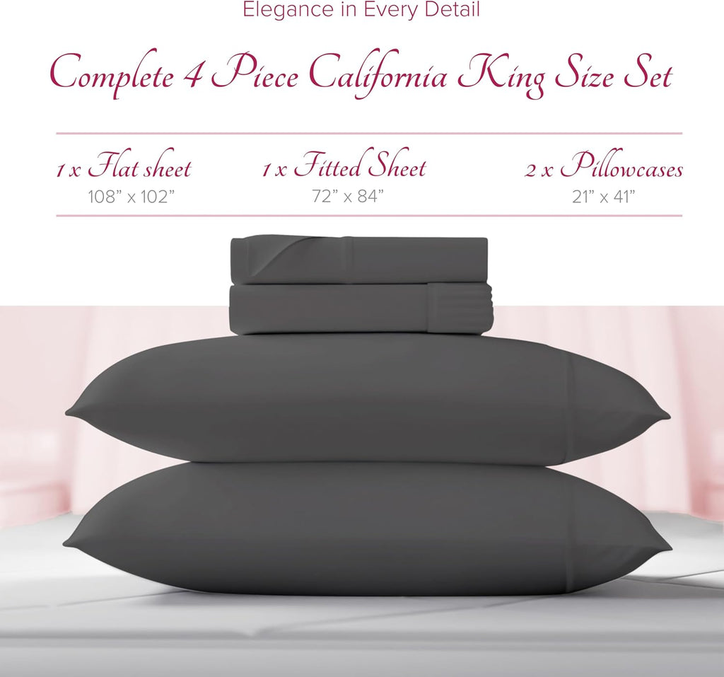 Carressa Linen 100% Egyptian Cotton Sheets California King Size - 1200 Series Rose Collection Cal King Sheets (4 PC, Dark Grey), Silky Soft, Cooling, Sateen Weave 17' Deep Pocket Hotel Bed Set