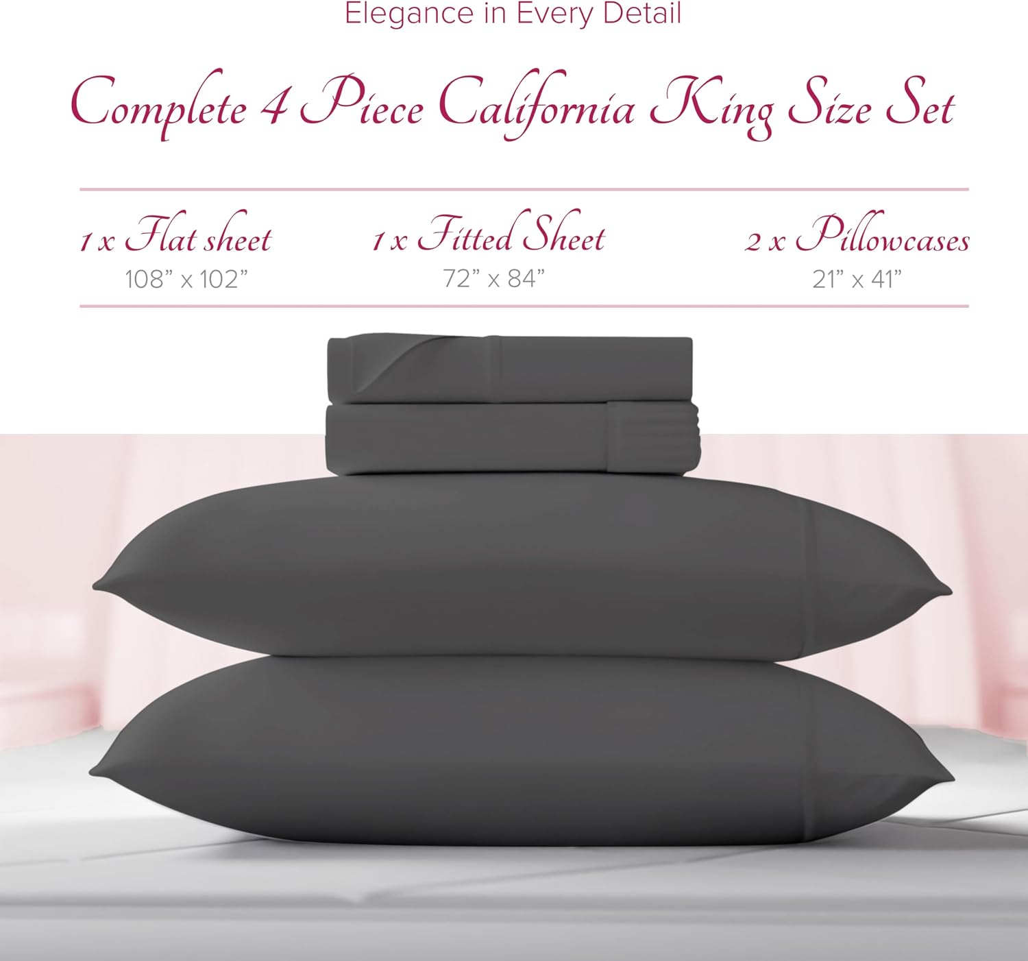 Carressa Linen 100% Egyptian Cotton Sheets California King Size - 1200 Series Rose Collection Cal King Sheets (4 PC, Dark Grey), Silky Soft, Cooling, Sateen Weave 17' Deep Pocket Hotel Bed Set