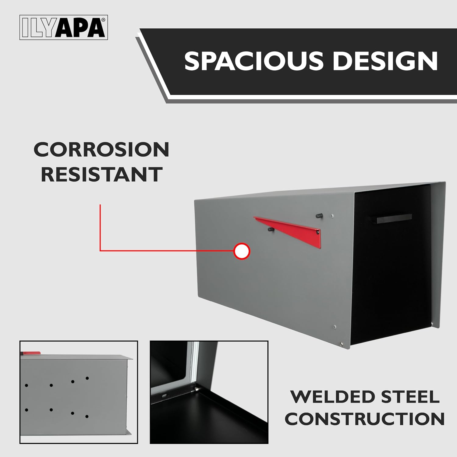 Ilyapa Modern Mailbox with Angle Design Post Mount - Gray Powder Coated Metal Mailbox with Black Door - Waterproof for Parcels, with Magnetic Door