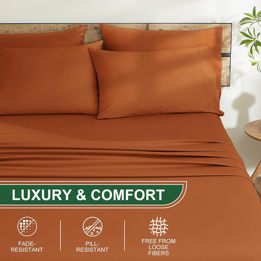 Ivellow 100% Egyptian Cotton Sheets King Size Set - 1200 Thread Count 6 PC 18' Deep Pocket King Size Bed Sheet Set，Durable Hotel Quality Luxury Soft Breathable Burnt Orange Cooling Sheet Sets Bedding