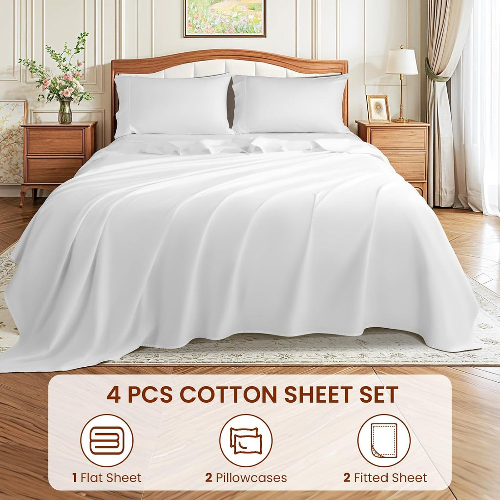 LBRO2M 1500 Thread Count Sheets 100% Egyptian Cotton Sheets Set 16 Inches Deep Pocket Queen Size Bedding 4 Pcs Sets (Queen, White)