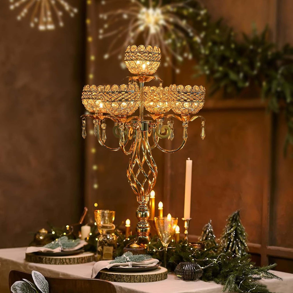 Elegant 5-Head Candelabra Centerpiece with Crystal Pendants - 23 Inch Tall Table Centerpiece for Weddings, Parties, Home Decor for Mother's Day, Holidays & Special Occasions (4, Gold)