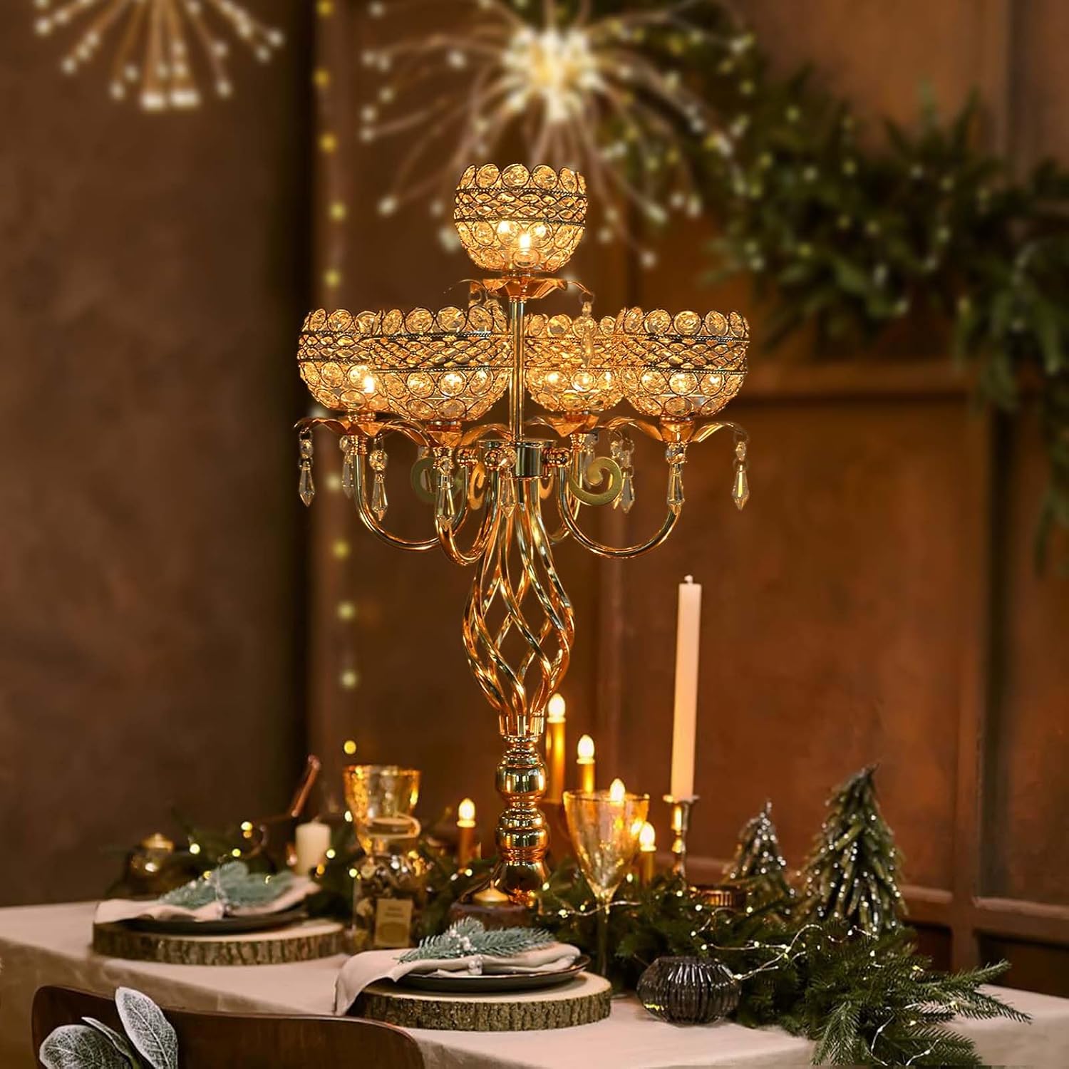 Elegant 5-Head Candelabra Centerpiece with Crystal Pendants - 23 Inch Tall Table Centerpiece for Weddings, Parties, Home Decor for Mother's Day, Holidays & Special Occasions (4, Gold)