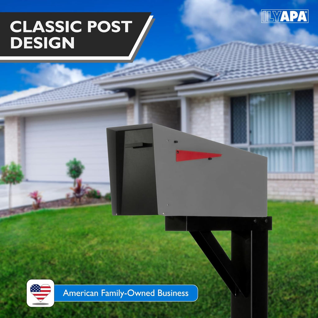 Ilyapa Black Metal Mailbox Post for Outside, 43x4x4 inch Metal Post Sleeve with Two Universal Mailbox Mounting Bracket for Curbside Residential Mail Box, Arm Style