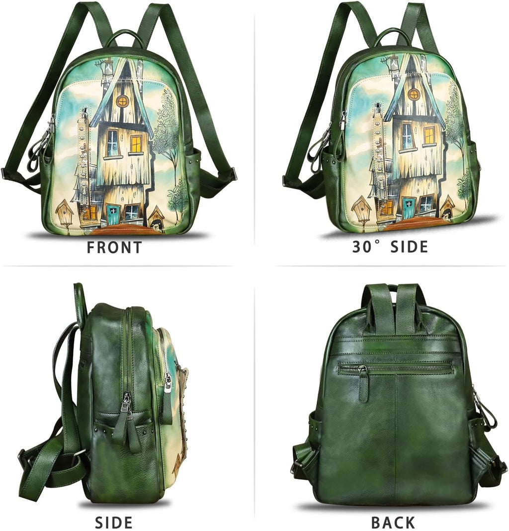 Genuine Leather Backpack for Women Hand Painted Rivet Knapsack Purse Handmade Rucksack Casual Daypack (Pattern1)