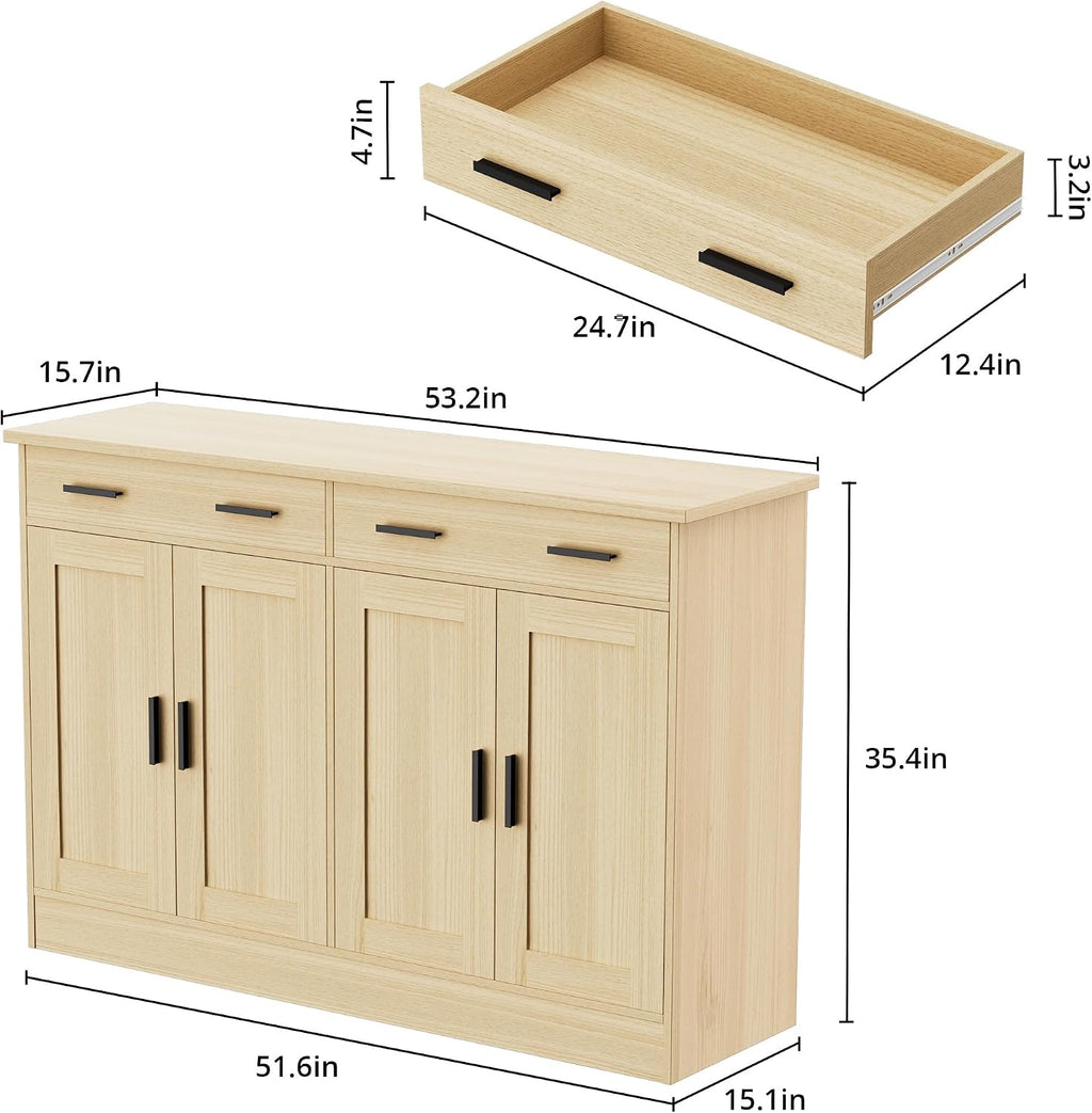 Anystyle 53' Oak Buffet Cabinet with Storage, Kitchen Sideboard Buffet Server with 2 Drawers & 4 Doors, Modern Coffee Bar Cabinet Credenza for Dining Room, Living Room, Hallway