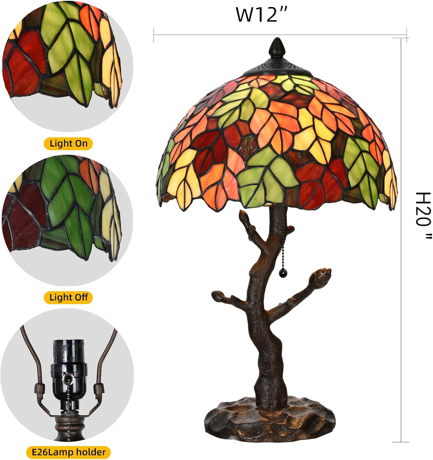 TL0021 Maple Leaves Tiffany Table Lamp Stained Glass Shade Reading Desk Light 12 X 20 Inches for Bedroom Living Room, Handcrafted Art Deco for Home Office, LED Bulb Included (Maple Leaves)