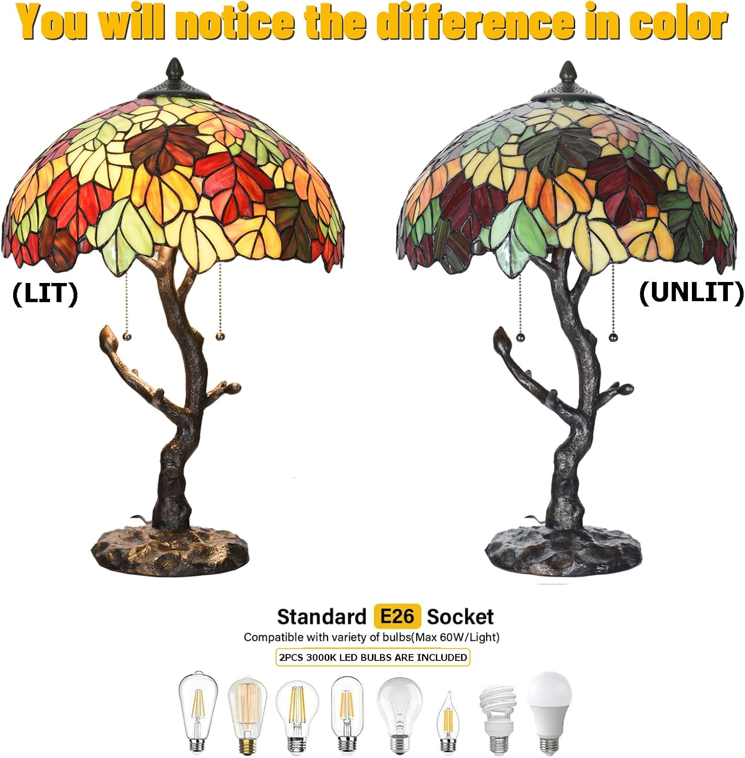 TL0032 Maple Leaves Tiffany Table Lamp Bedside Stained Glass Shade Reading Desk Light 16 x 24.25 Inches for Bedroom Living Room Home Office, LED Bulbs Included