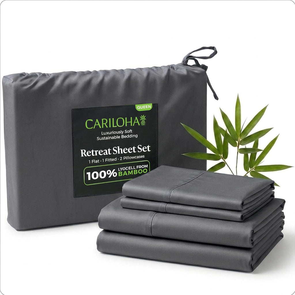 Cariloha Retreat 4-Piece Sateen Sheet Set | Laguna Blue | Queen | Lyocell Material | Breathable, Corner Straps, Extra Soft & Cooling