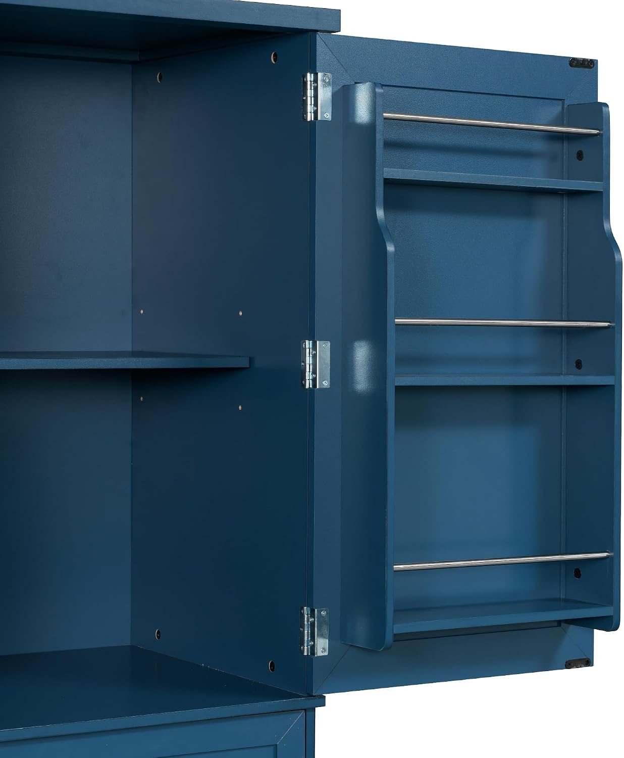Freestanding 4 Doors Kitchen Pantry, Wood Kitchen Cupboard Storage Cabinet with 6 Door Shelves, Drawer and 3 Pull-Out Trays for Dining Room (Blue-4.14)