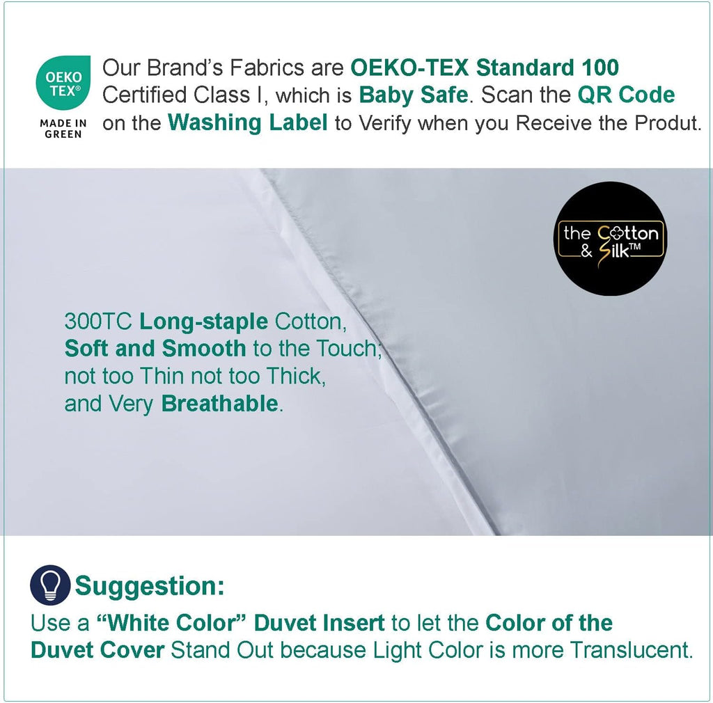 THE COTTON & SILK®️ 100% Luxury Long-Staple Cotton Duvet Cover Set - Soft & Breathable - Include 1 Duvet Cover with Corner Ties & Hidden Zipper, 2 Pillow Shams - White + Misty Blue, Queen Size