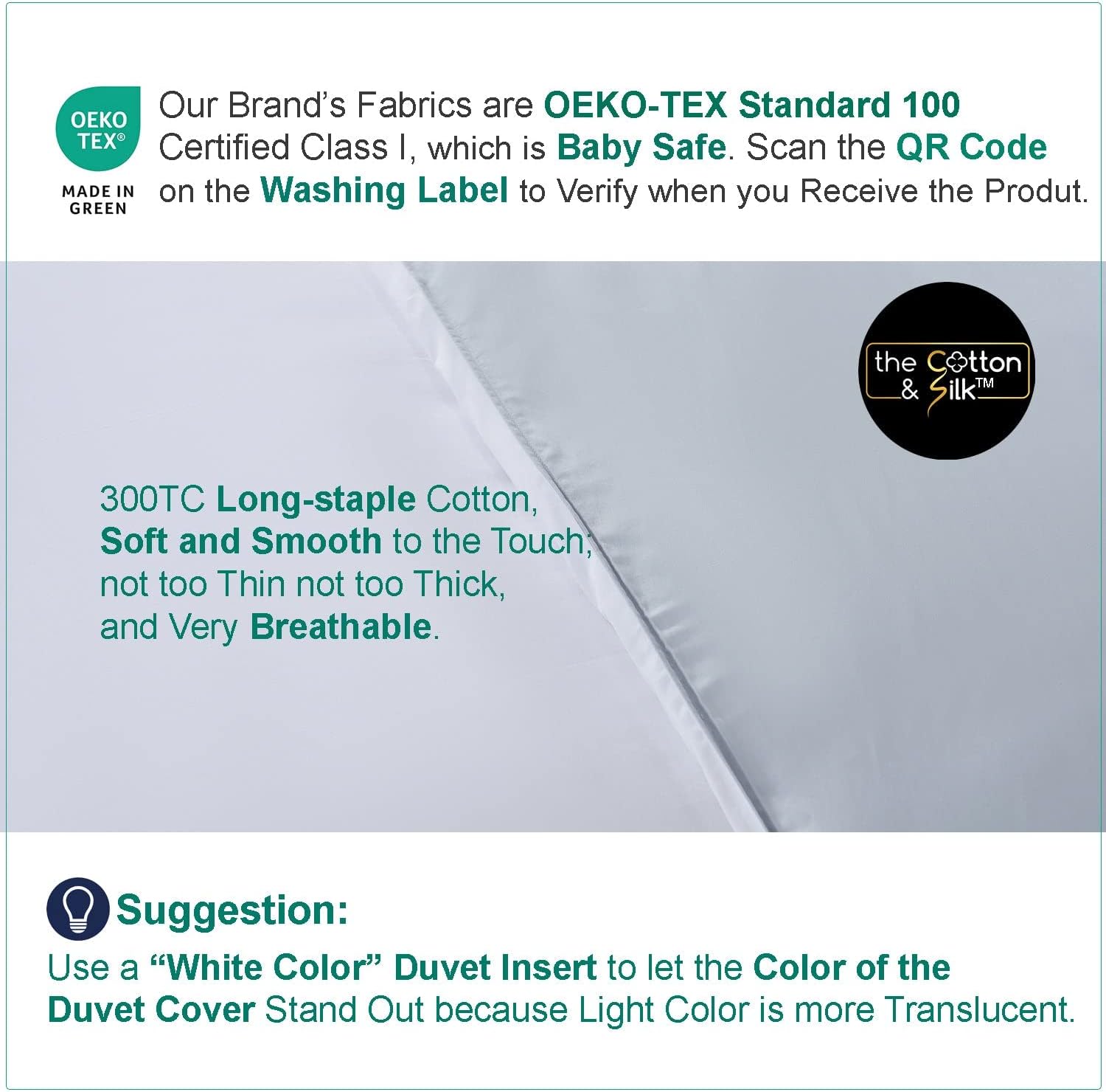 THE COTTON & SILK®️ 100% Luxury Long-Staple Cotton Duvet Cover Set - Soft & Breathable - Include 1 Duvet Cover with Corner Ties & Hidden Zipper, 2 Pillow Shams - White + Misty Blue, Queen Size