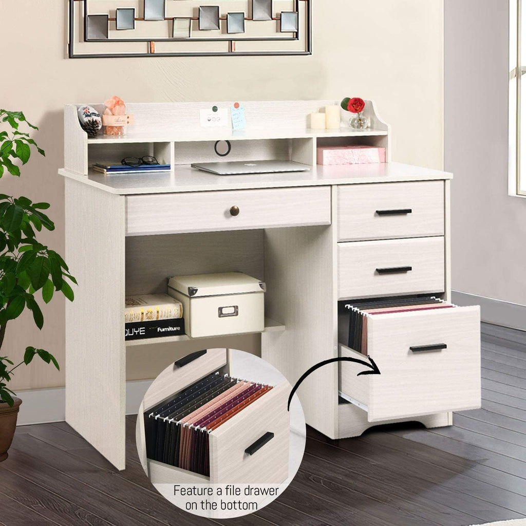 White Home Office Desk with 4 Drawers & Hutch, Computer Table for Bedroom, Off-White