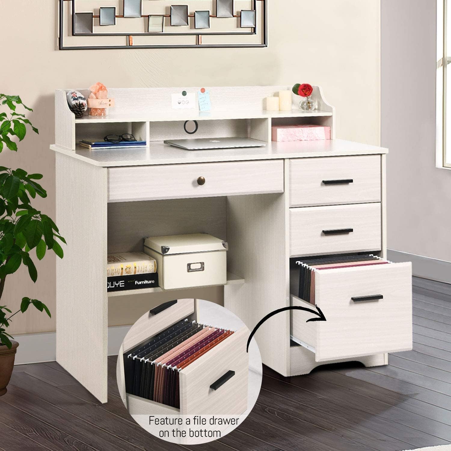 White Home Office Desk with 4 Drawers & Hutch, Computer Table for Bedroom, Off-White