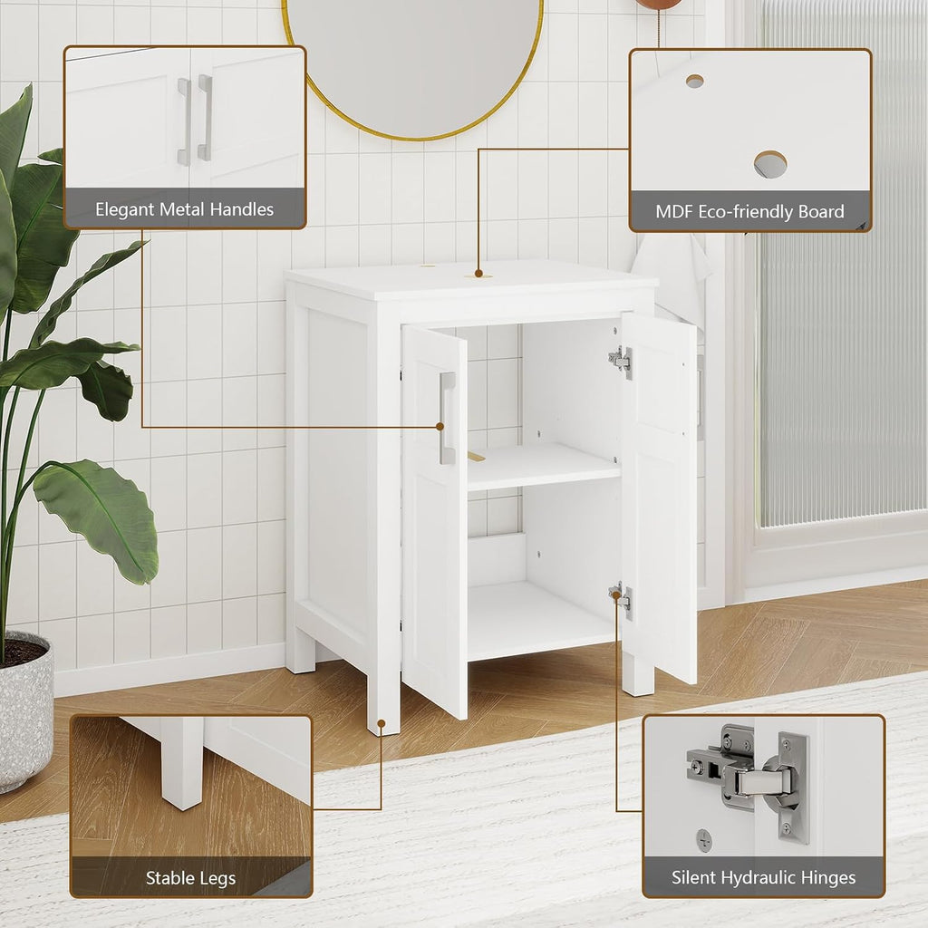 YOURLITE 24 Inches Traditional Bathroom Vanity Set with Single Faucet Hole, Clear Boat Glass Sink, White Finish, 2-Door Cabinet